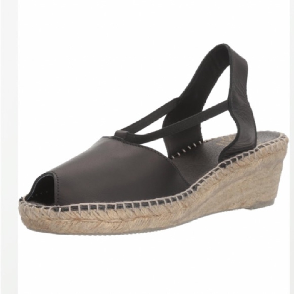ANDRE ASSOUS Black Leather Sling Back Peep Toe Wedge Espadrilles Sandals 10